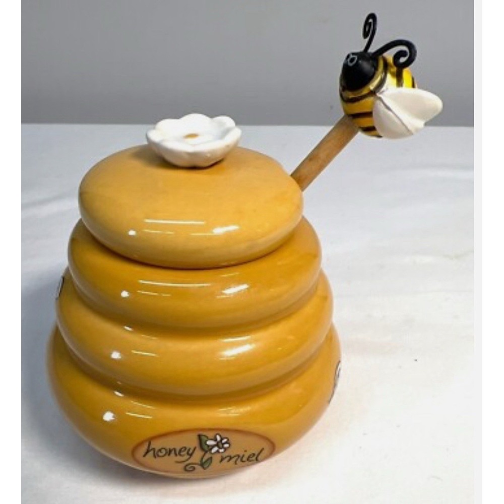 Mini Honey Pot Ceramic Jar Flower Lid Wood Dipper Beehive with Bee Honey Miel
